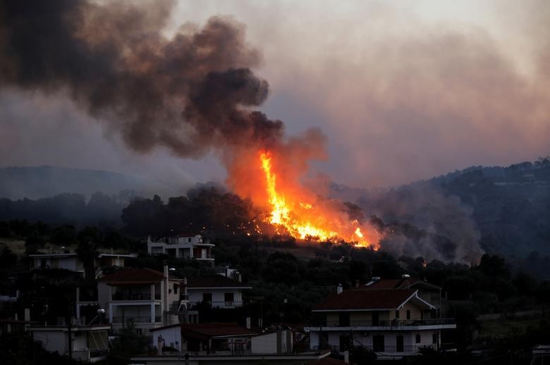 Flames rise as a wildfire burns near the village of Kechries, Greece. REUTERS/ Costas Baltas    
